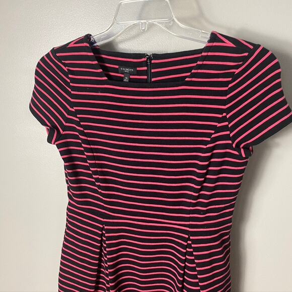Womens Short Sleeve Square Neck Knit Sheath Dress Black Pink Striped Nautical 4P - Picture 3 of 7